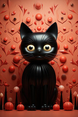 A figurine of a black cat is in front of the cheerful red and orange background