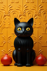 A figurine of a black cat is in front of the yellow background