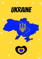 Map of Ukraine with heart and text UKRAINE