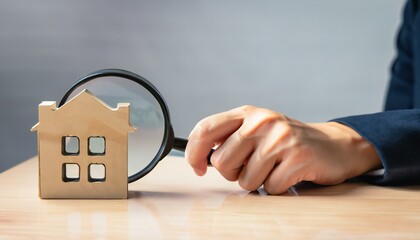 Man hand holding magnifying glass examining cottage Home miniature. Concept of real estate appraisal, property, land valuation, house search