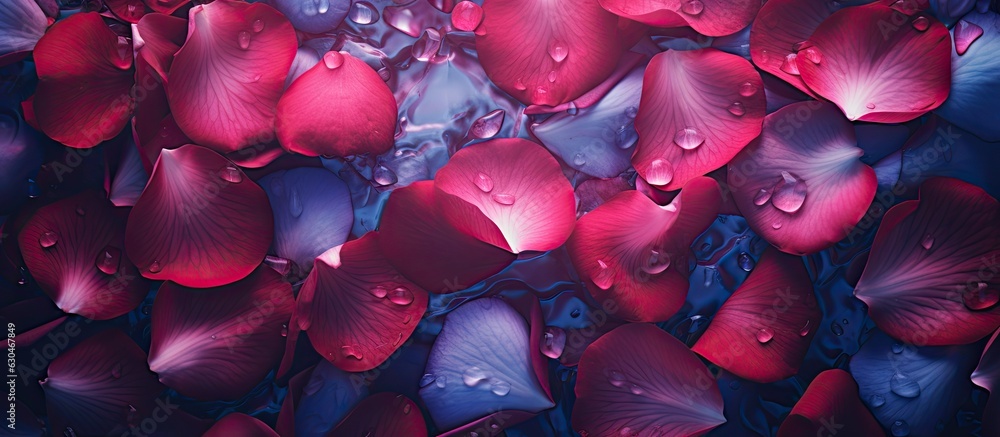 Poster a close-up image of beautiful rose petals with a drop floating on the surface of the water. suitable