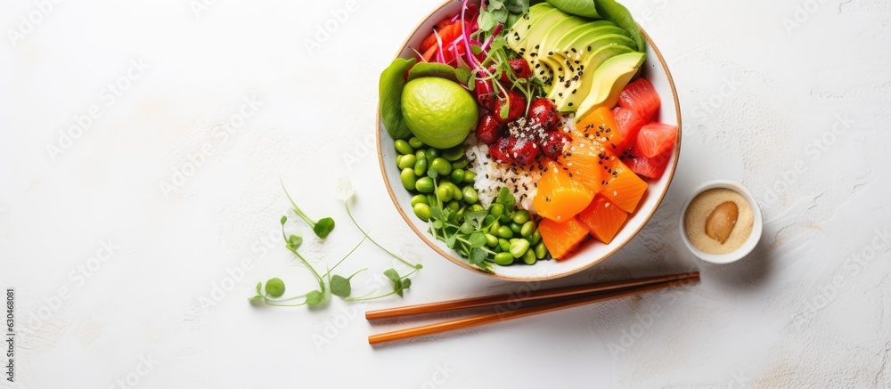Poster a vegan poke bowl that is tasty and colorful, placed on a light gray background. it is a fresh and h