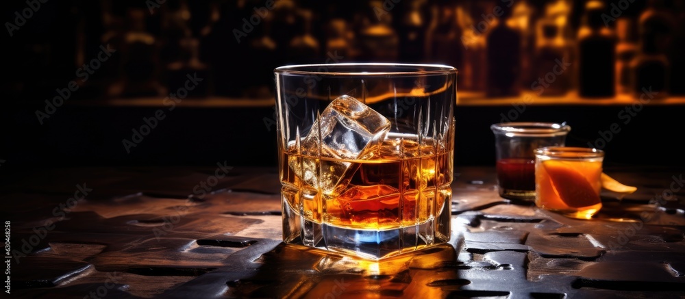 Poster An artistic representation of a glass of sophisticated whiskey with ice cubes on a bar counter, set against a moody and dark atmosphere.