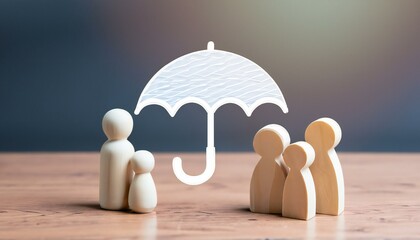 Umbrella symbol and people model on the table. concept of safety protection and health insurance, family security, health care day, car insurance 