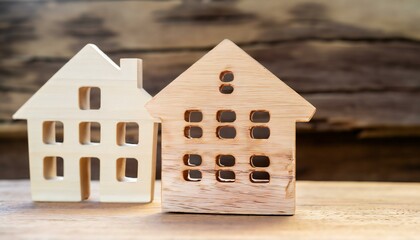 The wooden house model on a wood background represents construction, ecology, loans, mortgages, property ownership, or the concept of "home."