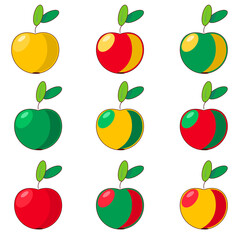 Beautiful apples of the same shape and different colors are rhythmically arranged on a white background. Set of graphic design elements. Illustration.
