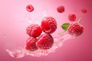 Many fresh raw red raspberries exploding and flying all around the pink background, steam and smoke...