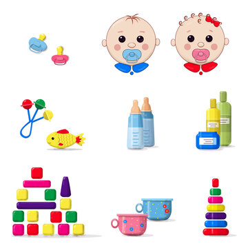 Toddlers, toys, milk bottles, creams, nipples and other items for very young children isolated on a white background. Boy, girl and baby items set.