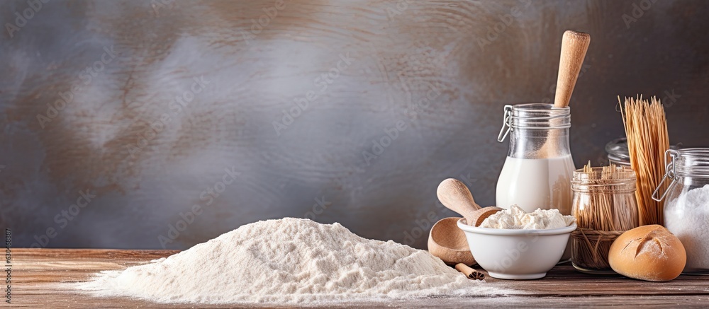 Poster baking supplies such as flour, eggs, and sugar are displayed on a light white wooden surface along w