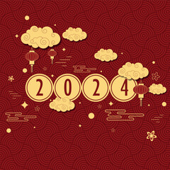 2024 Chinese New Year gold numbers red background. Happy new year 2024 celebration template. New Year banners, posters, newsletters. 2024 Lunar New Year