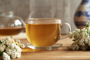 Yarrow tea in a glass cup with fresh flowers