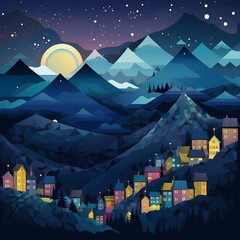 the night landscape wallpaper of a mountain with houses