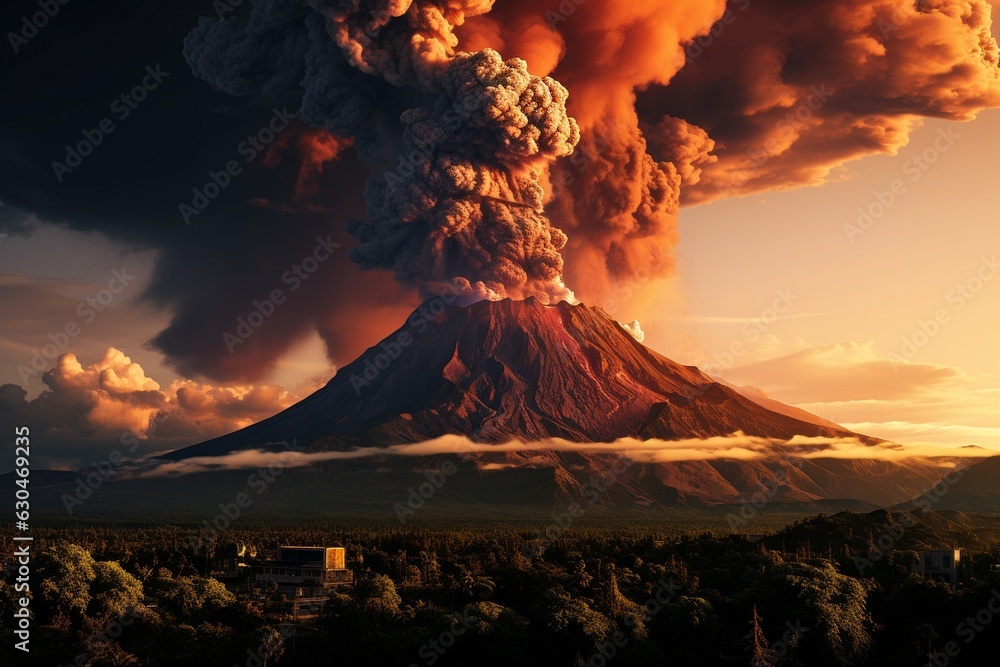 Poster a working volcano with clouds.