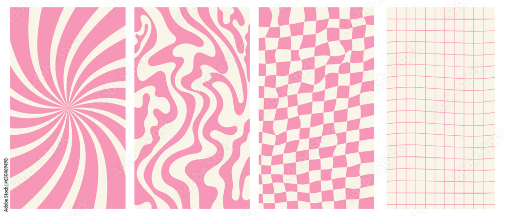 Wall mural set of groovy retro backgrounds. vertical posters with swirl and checkered texture. trendy vector ba