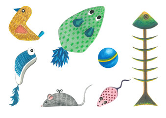 Watercolor illustration set of cat oy. Made by hand isolated on transparent background