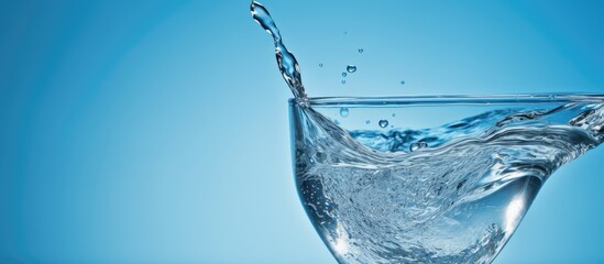 A glass on a blue background is being filled with a jet of water. empty space beside it for additional text or images.