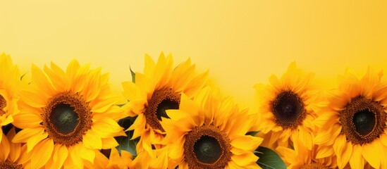 Sunflowers with a yellow color are pictured against a background suitable for adding text. showcases the beauty of fresh sunflowers, and provides a flat lay perspective from the top. autumn or summer