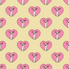 Pattern with Whippet dog with paws, Valentine's day wallpaper with hearts. Love heart with pet head holiday texture. Dog face looks out a Heart, Cartoon square cream background. St Valentine's 