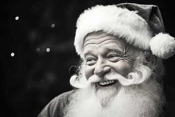 Vintage black and white headshot of a laughing Santa Claus