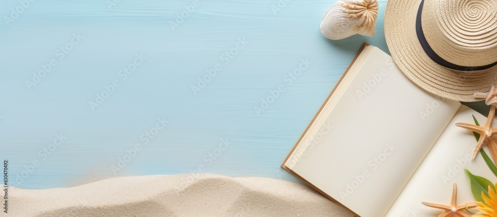 Poster a writing book with summer beach accessories on the background, providing copy space. the arrangemen