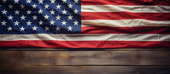 top view of the American flag, placed on a wooden table background. It symbolizes remembrance, gratitude, and honor towards heroes, and is associated with holidays like Veterans Day and Independence - obrazy, fototapety, plakaty