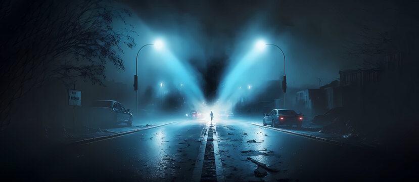 Night street. Wet asphalt, a man in the night, reflection of neon lights, smoke of lanterns. Screensaver. Generated AI