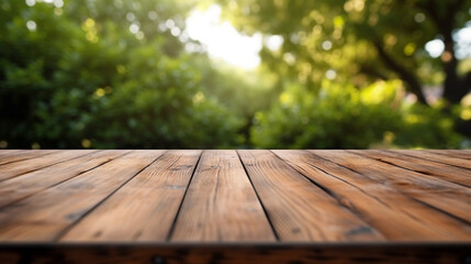 Wooden Table with a Blurred Background of Green Trees Outdoors for Product Display Mockup