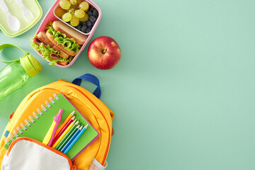 Balanced school meal idea. Top view photo of lunchbox filled with sandwiches and fresh snacks, cutlery, plastic bottle, stationery, rucksack on turquoise background with blank space for advert or text
