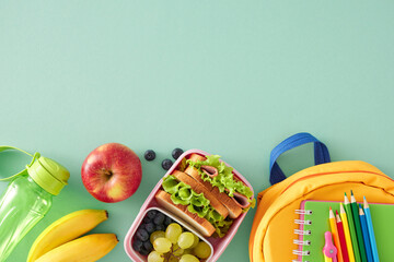 Healthy school lunch idea. Top view shot of lunchbox, sandwich, grape, blueberry, apple, banana,...