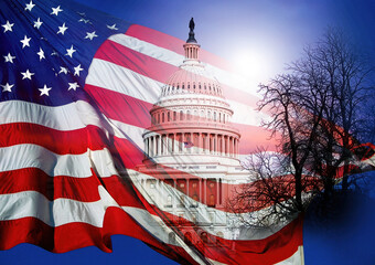 American Flag composited with US Capitol building in background.