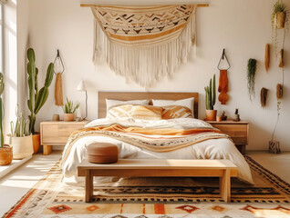 Moroccan wall hanging above wooden bed. Bohemian or eclectic interior design of modern bedroom.