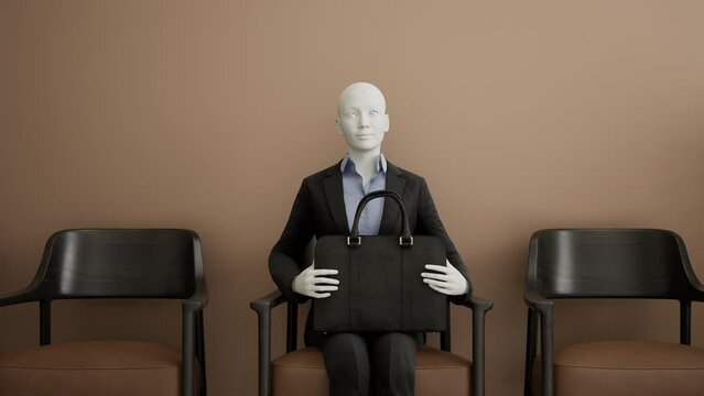 Futuristic female android robot sitting on a chair and waiting for a job interview, AI and innovation concept. 3d animation, speed motion
