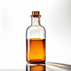 a glass bottle with a brown lid sitting on a table. ai generated images
