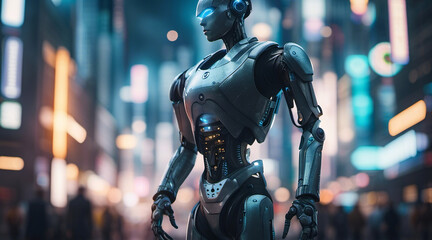 Obraz na płótnie Canvas A cybernetic humanoid robot standing tall amidst a futuristic city