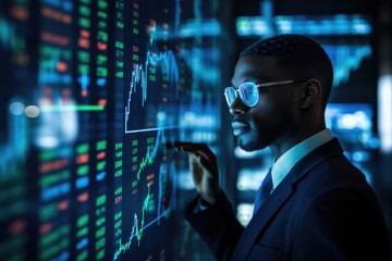 Portrait of Black Stock Market Trader Doing Analysis of Investment Charts, Graphs, Ticker Numbers Projected on His Face. African American Financial Analyst, Digital Entrepreneur Successfully Trading