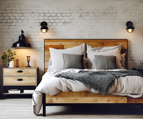 Industrial loft interior design of modern bedroom. Wooden bed near brick wall.
