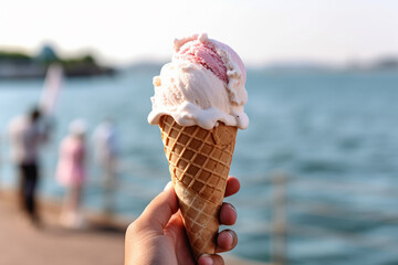 Hand holding pink and white ice cream in cone with beach promenade in background