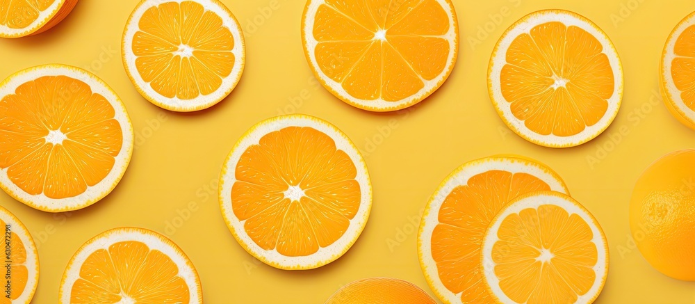 Poster creative summer concept with a fruit pattern of fresh orange slices on a yellow background. The top view provides a minimal flat lay style with half of a citrus fruit in the center. The design is