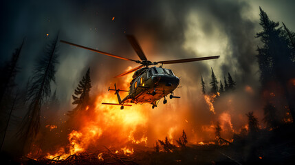 a forest fire is extinguished by firefighting helicopter (Generative AI)