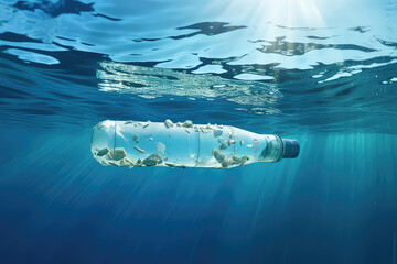 A plastic bottle dropped into the world's oceans. Close-up of bottle dropped under blue sea water. Creative concept of plastic pollution of the world ocean. 3d render illustration style.
