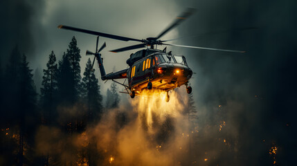a forest fire is extinguished by firefighting helicopter (Generative AI)