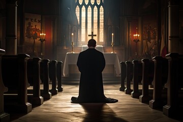 Faithful priest praying in catholic church. Back view. - obrazy, fototapety, plakaty