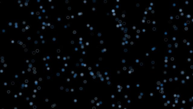 Abstract small hexagon shapes particles loop motion on black background.