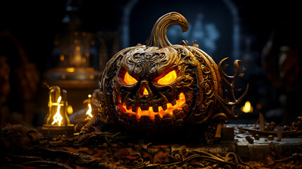 spooky halloween pumpkin lies against gloomy background (Generative AI)