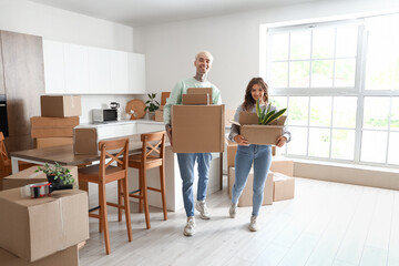 Young couple with cardboard boxes in kitchen on moving day