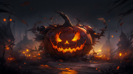 Naklejka premium spooky halloween pumpkin lies against eerie background (Generative AI) 