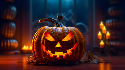 Fototapeta premium a spooky halloween pumpkin against dark background (Generative AI)
