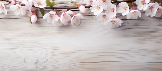 Selective focus and copy space highlight a fresh cherry blossom on white-painted wooden planks.