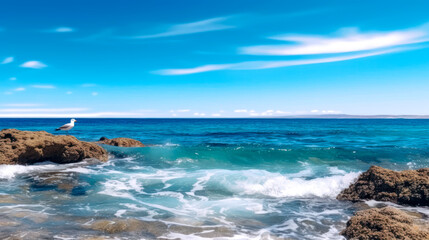 Seagull on a Rock with a Blue Ocean and Sky Mossy Rock with Waves and Clouds AI Generated