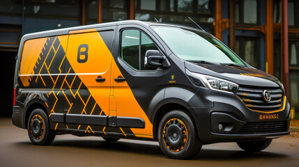 Image of a Transit Black and Orange Van with a Logo and a Geometric Pattern in Front of a Building AI Generated